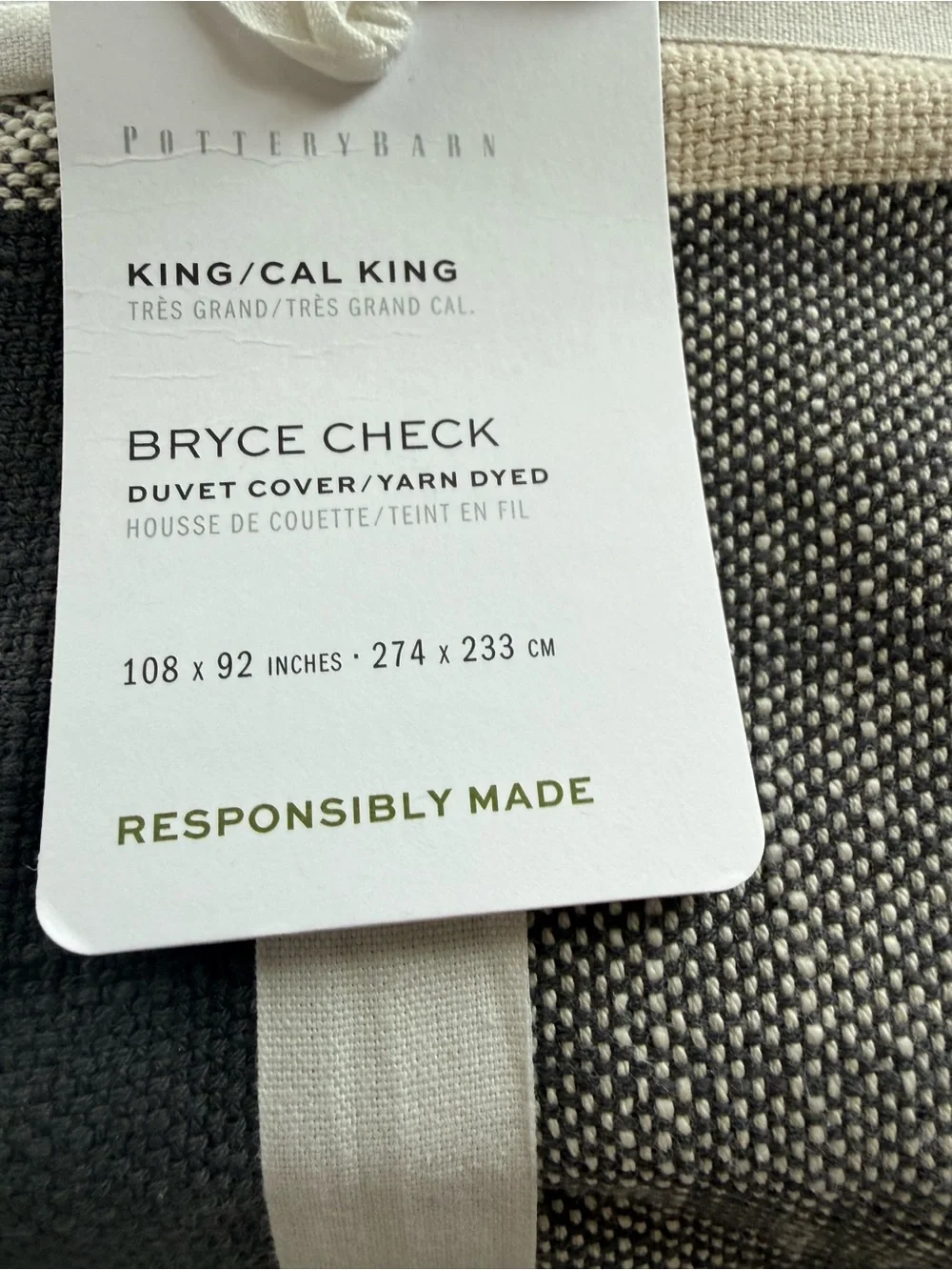 Pottery Barn Bryce Buffalo Check King Cal Duvet 2 King Shams Charcoal Gray NEW